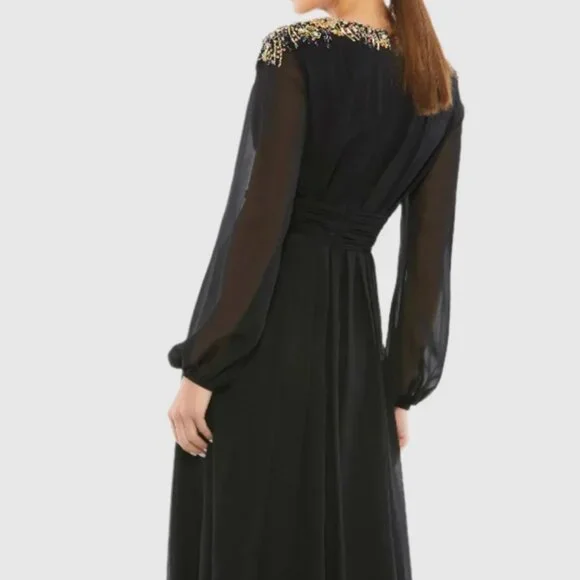 Black Embellished Shoulder Blouson Sleeve Evening Gown - Picture 3 of 6